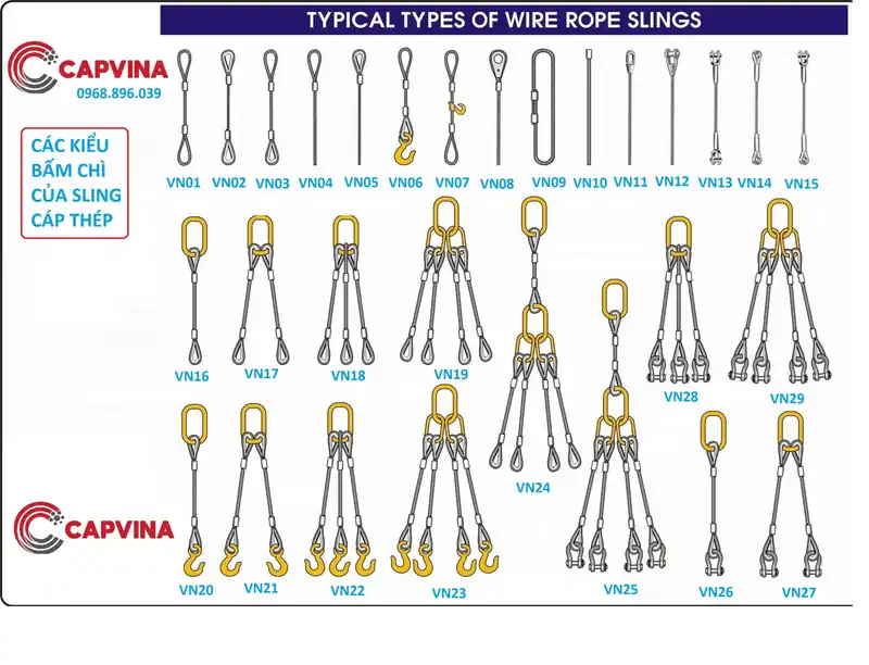 Các kiểu bấm chì của sling cáp thép VN01–VN29