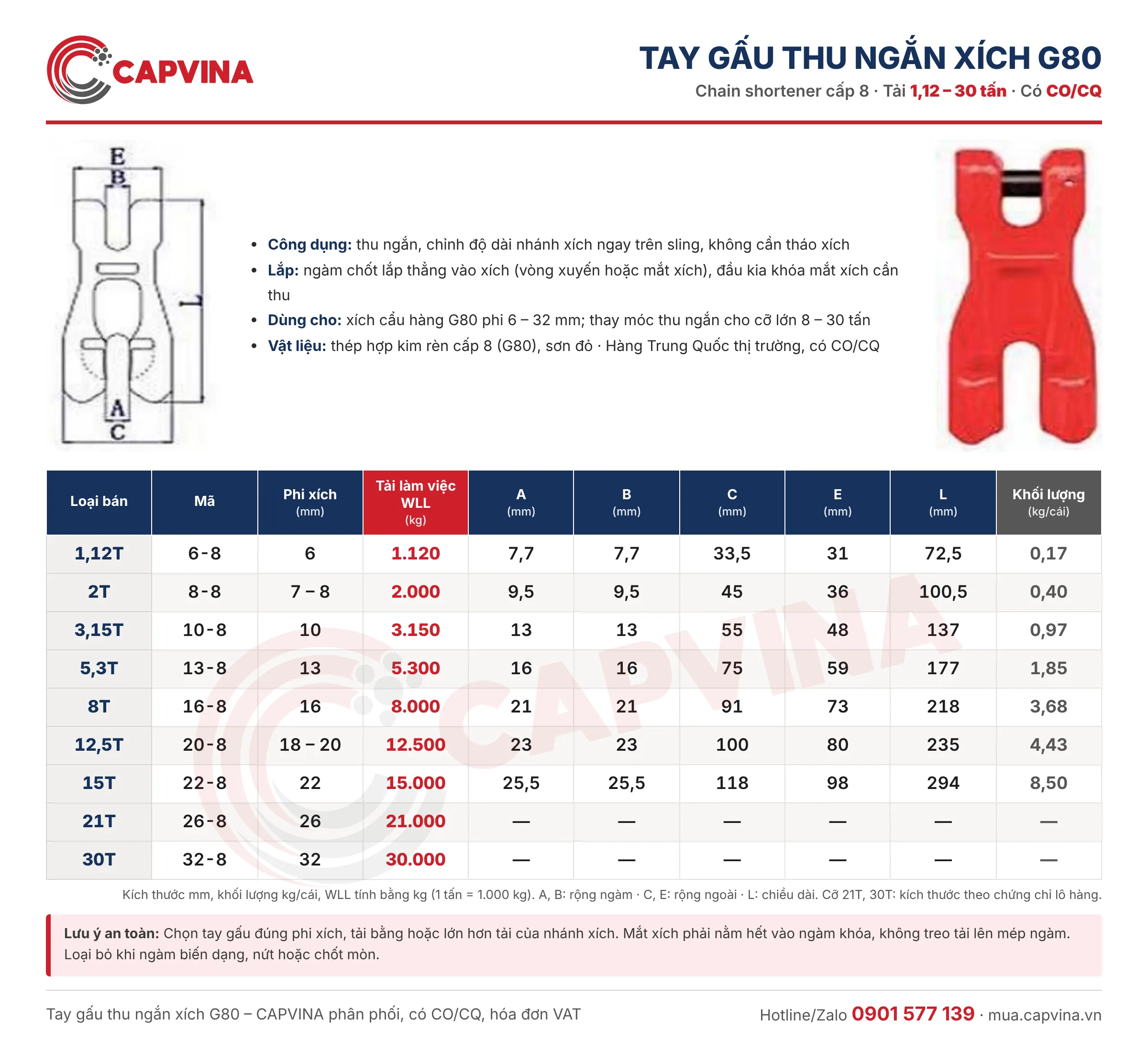 Bảng thông số tay gấu thu ngắn xích G80 CAPVINA